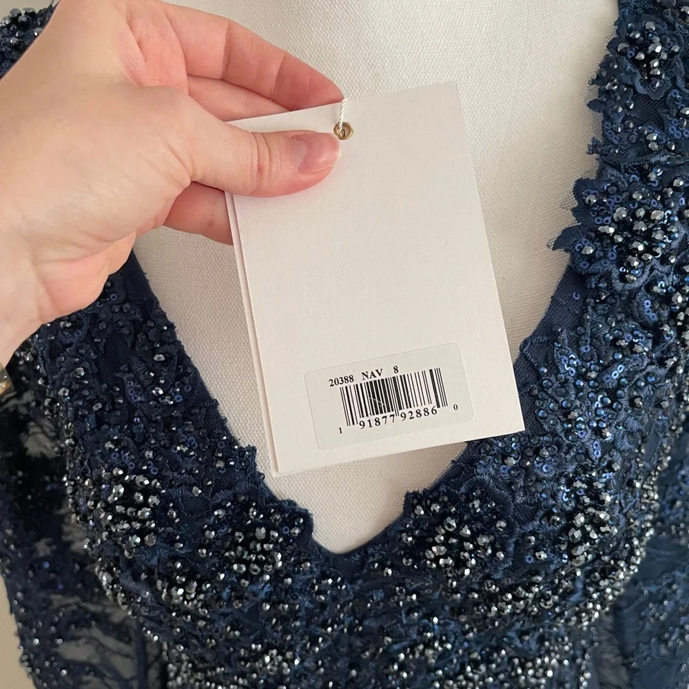 NWT Mac Duggal High Neck Mesh Long Sleeve Embellished A Line Gown 20388 Size 8